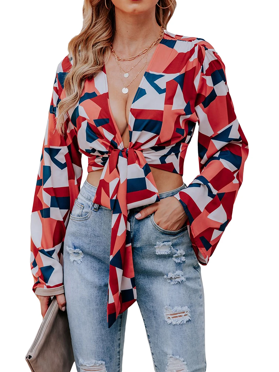 

Women s Tie Knot Front Chiffon Tops V Neck Long Sleeve Boho Floral Casual Summer Blouse Shirts