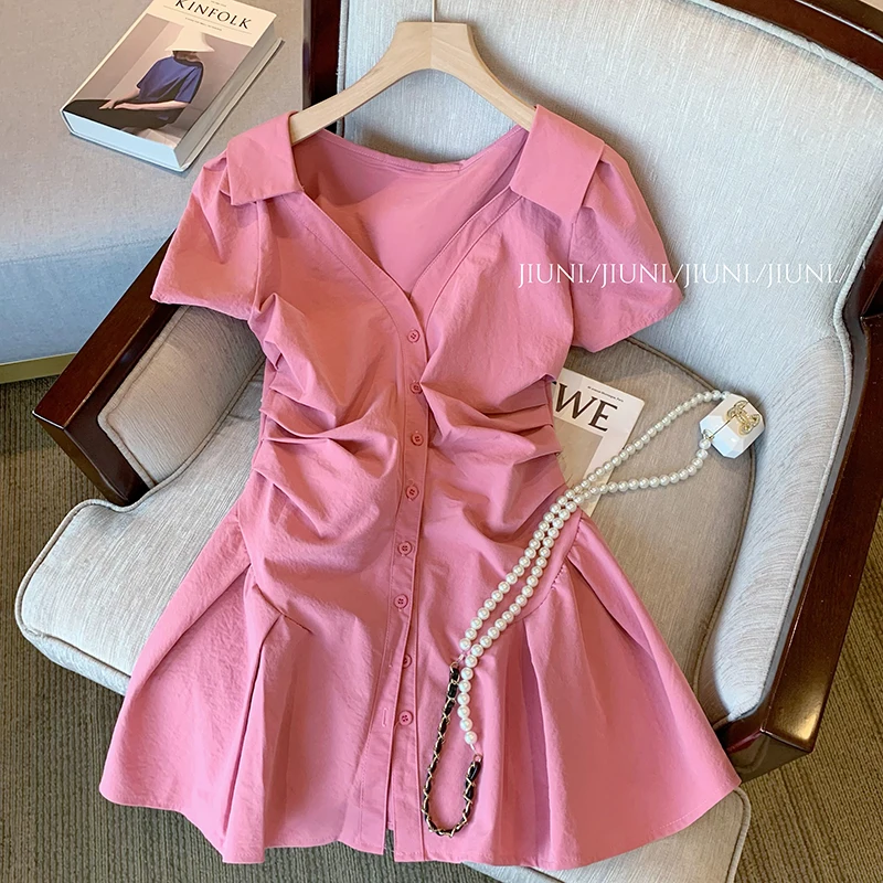 

Женское короткое однобортное платье-рубашка, розовое платье в Корейском стиле с V-образным вырезом, короткими рукавами и складками на талии, Новинка лета 2023