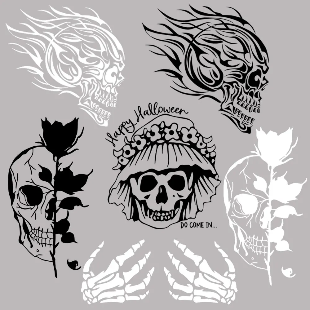 Роза Череп огненный черный белый теплопередача патч для одежды скелет