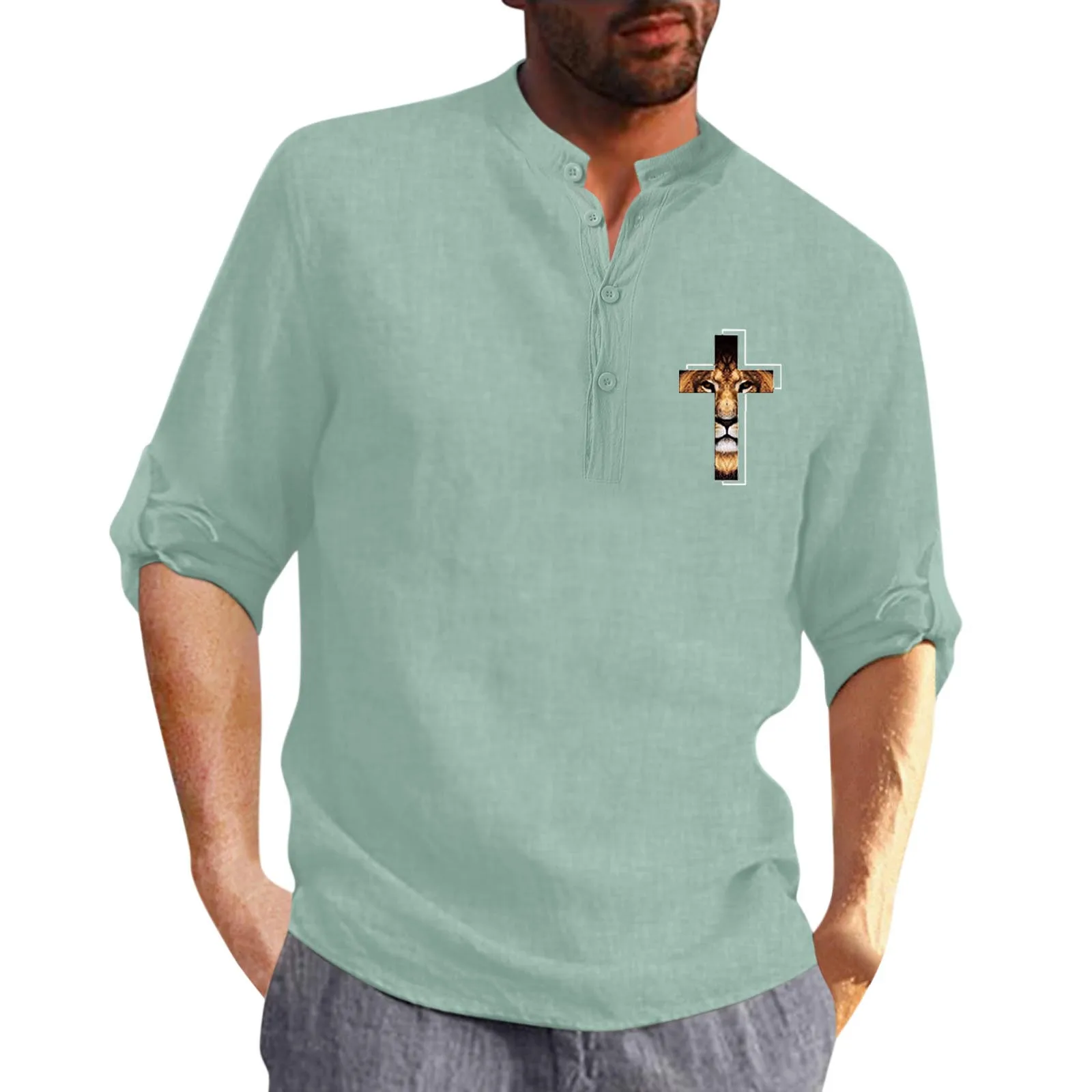 

Men Shirt Collar Cotton Linen Print Fashion Top Blouse Loose Long Sleeve Button Top Shirt Large N