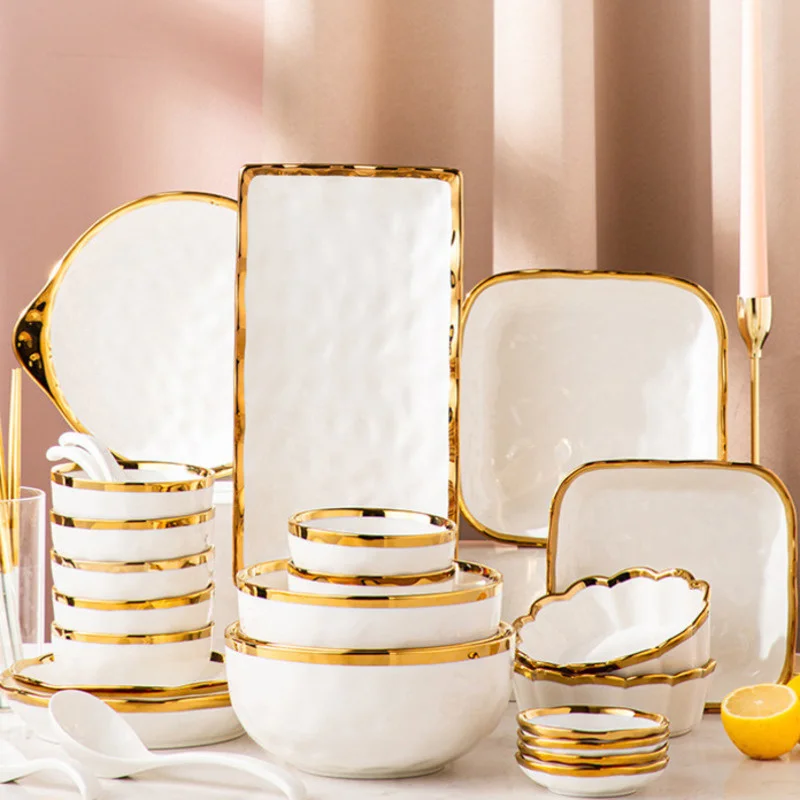 

1Pcs White Ceramic Plate Salad Soup Bowl Food Dinner Dishes Kitchen Hotel Golden Silk Series Wedding Decoration Dinnerware