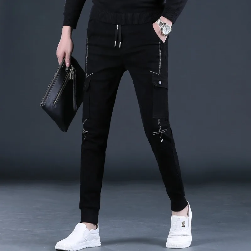 Autumn Men Cargo Pants Jeans Fashion Streetwear Black Elastic Waist Drawstring Denim Trousers