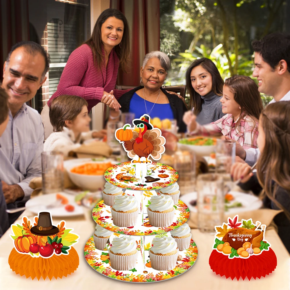 

3-layers Autumn Fall Maple Leaf Pumpkin Mushroom Theme Cake Cupcake Display Stand Thanksgiving Day Carnival Party Decorations