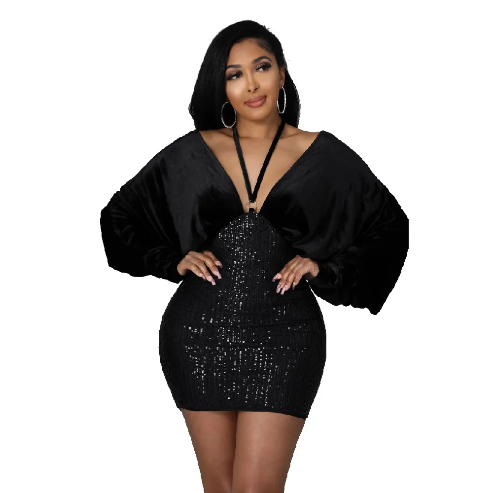 Women Sequined Evening Dress Deep V-neck Puff Long Sleeve Slim Party Dress Sexy Fashion Mini Nightclub Dresses