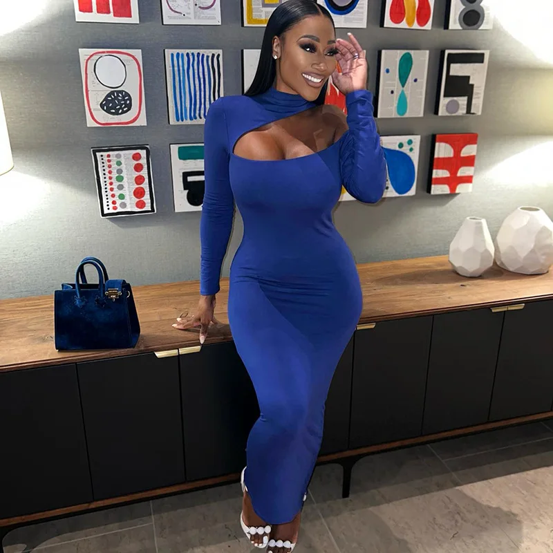 

Женская одежда Новинка Осень-зима 2022 облегающее однотонное платье без бретелек с круглым вырезом и длинными рукавами для женщин