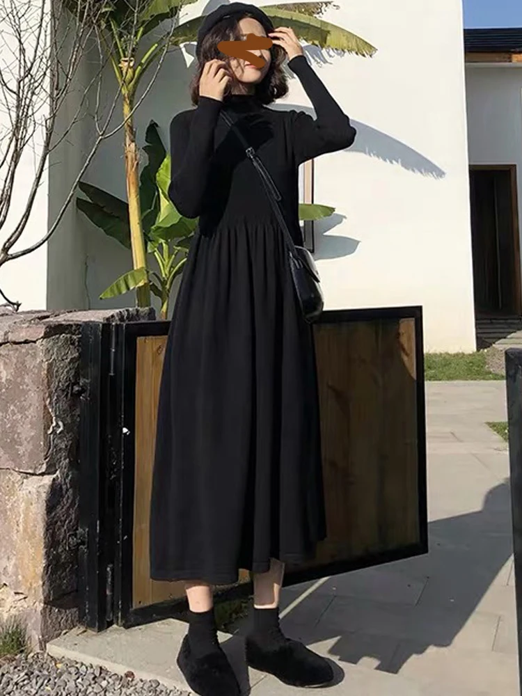 

Новинка осени 2021, маленькое черное вязаное платье-свитер во французском ретро-стиле, длинная юбка для женщин на раннюю осень