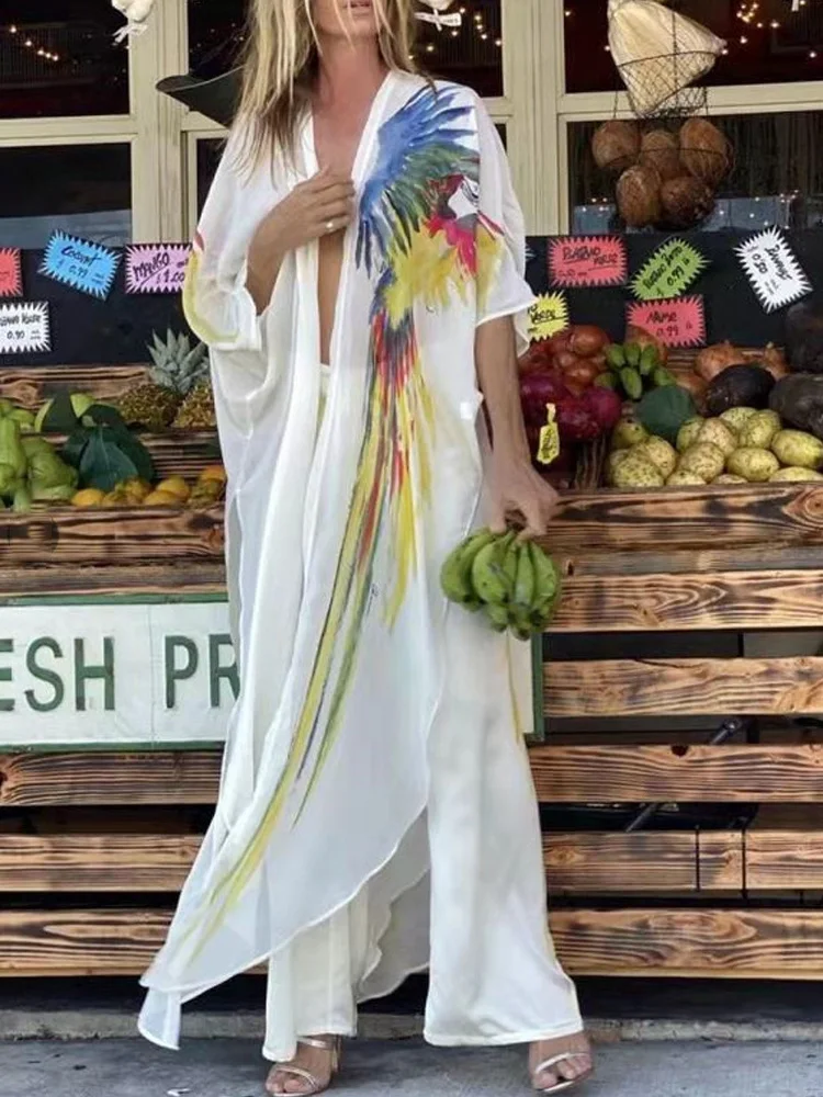 

Fashion Deep V Hollow Top With Long Pants Suit Women Casual Loose Boho Outfits Summer Print Seaside Vacation Sunscreen Two Piece