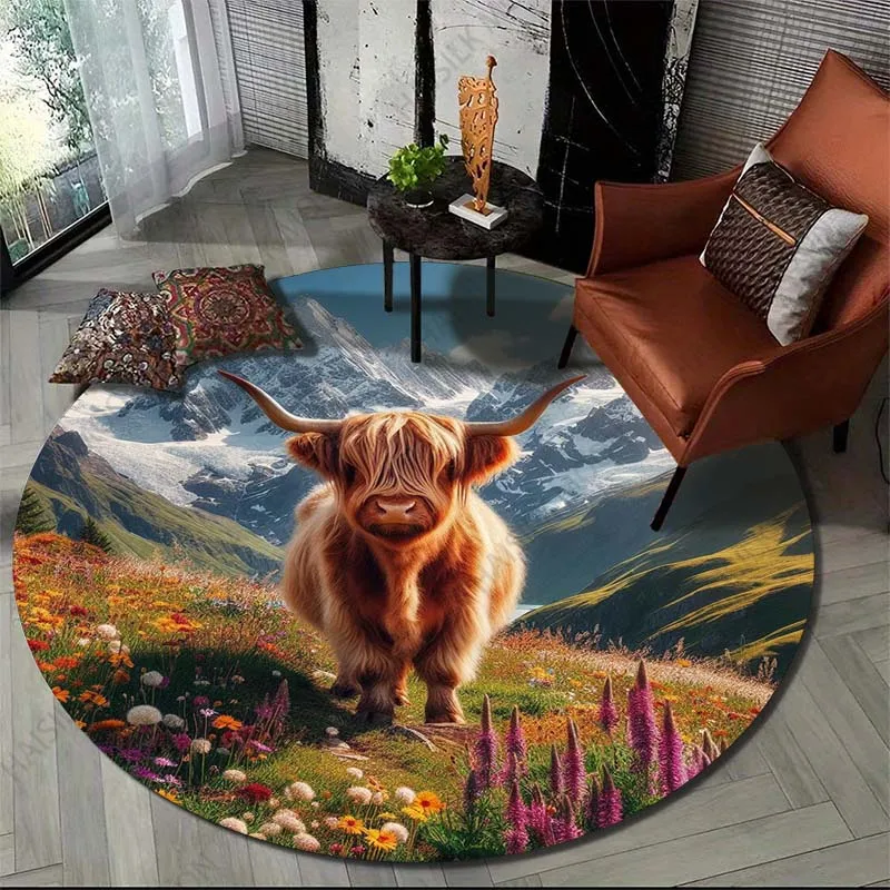 Круглый ковер с принтом крупного рогатого скота подходит для гостиной спальни