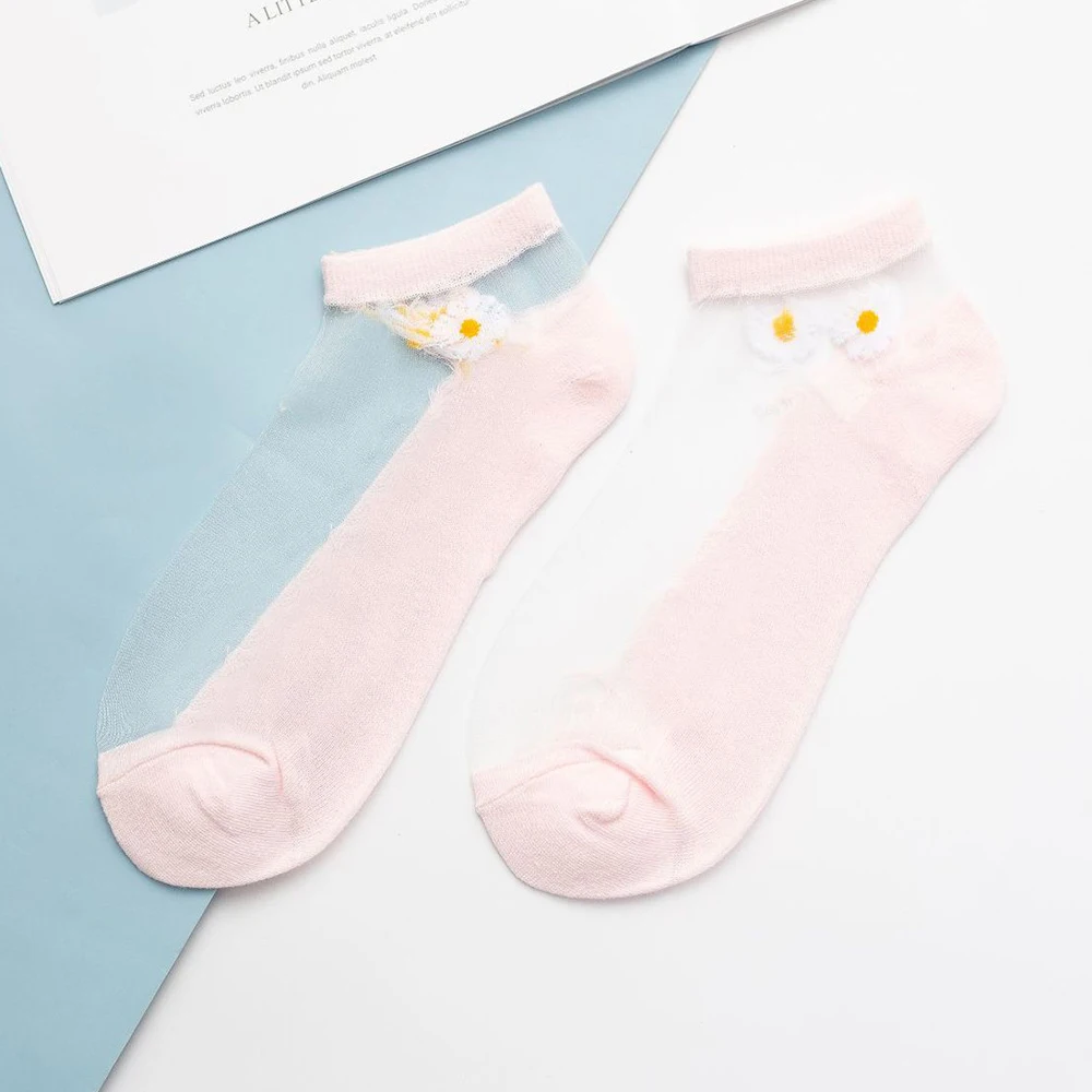 Lace Ultra-Thin Transparent Glass Silk Socks 10 Pairs Harajuku Floral Cotton Bottom Crystal Girl Fashion Daisy Flower Cute Socks