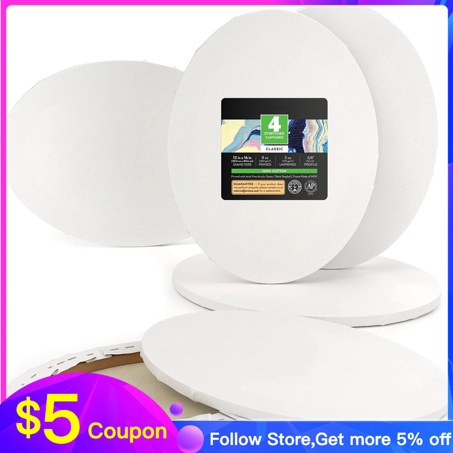 

4 pcs Oval Stretched Canvas12x16 Inch 100% Cotton, 8 Oz Triple Primed White Blank Acid-Free Artist Shaped Canvases for Painting