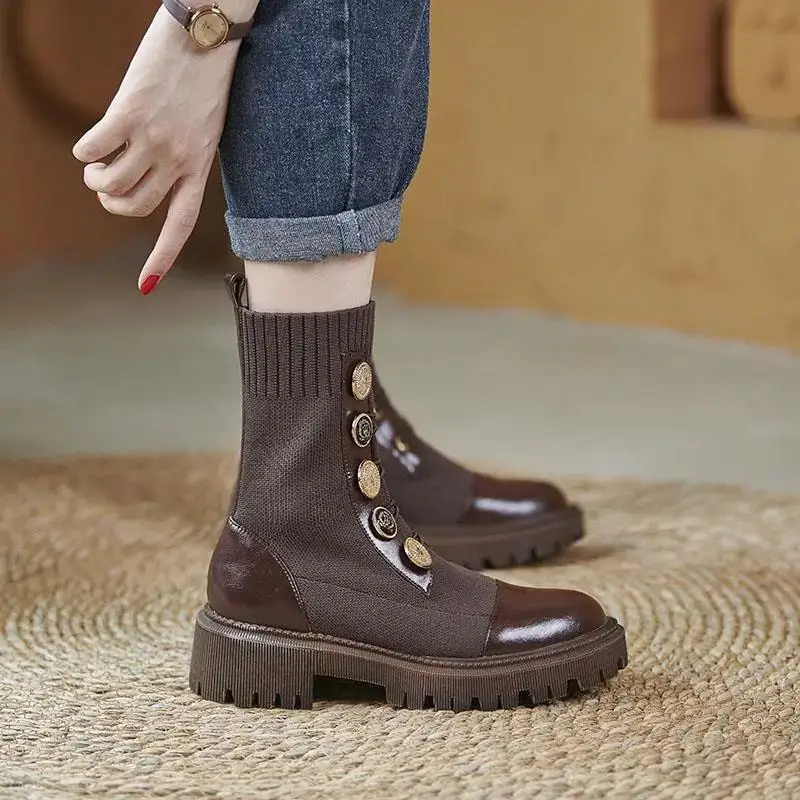 

Thick Sole Boots Middle Heel Sock Fashion Versatile British Style Tube Thin Buckle Solid Color Winter Factory Promotion