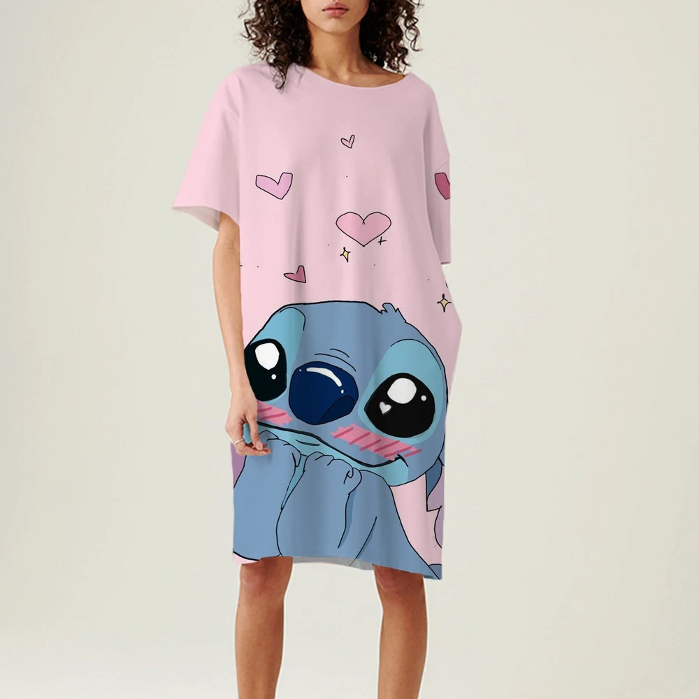

Long T Shirt Dress Oversize Women Harajuku Print Disney stitch Summer Fashion woman Dress Irregular Tops Short Sleeve Tshirt