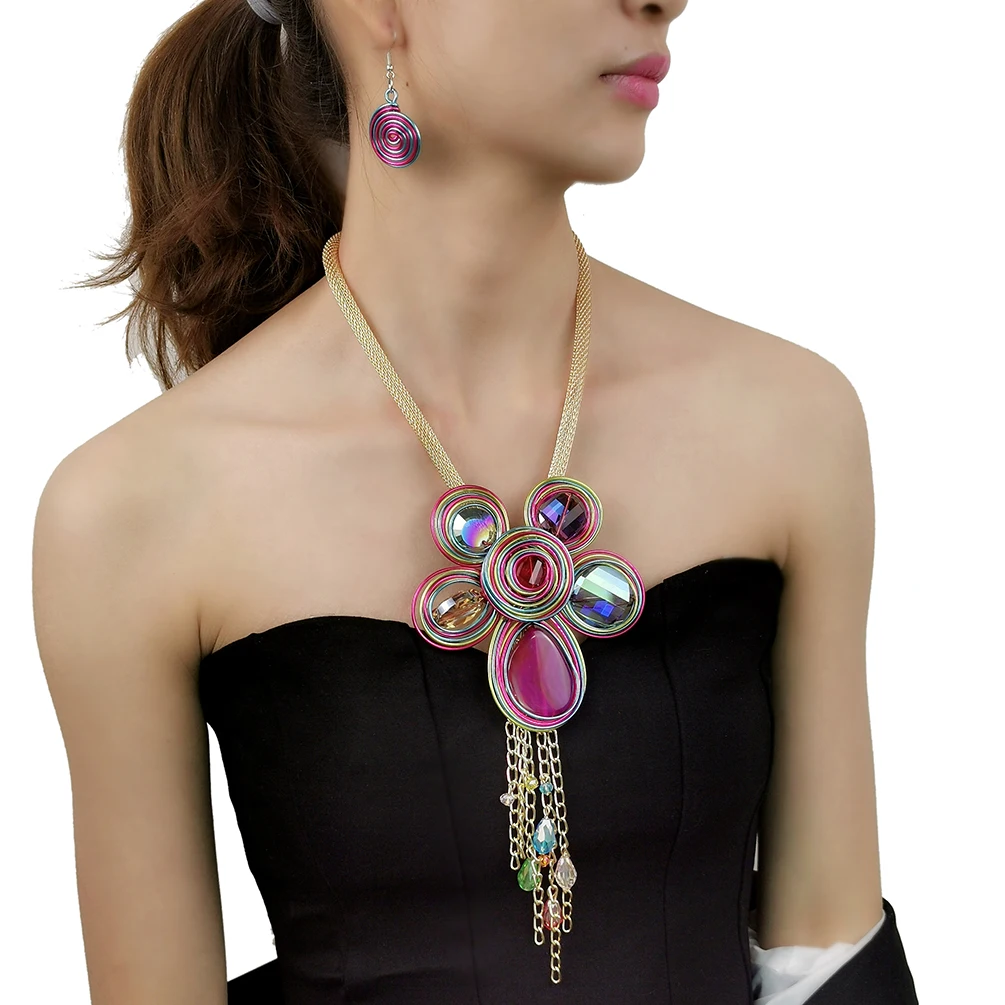 

MANILAI Multicolor Big Crystal Pendant Necklaces Jewelry Sets Women Fashion Metal Long Chain Necklace Earrings Set Handmade 2023