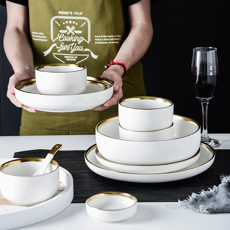 

Matte White Porcelain Dinner Set Plates Dishes with Golden Rim Ceramic Food Plate Salad Soup Bowl Dinnerware Set for Restaurant