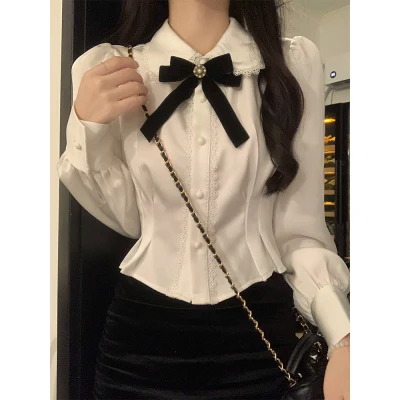 

Sweet Blouse Women Peter Pan Collar Puff Sleeve Tunic Shirts 2023 Blusas Mujer De Moda Korean Fashion White Blouses Crop Tops