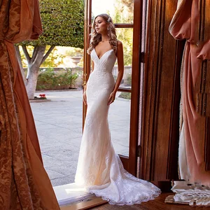 V Neck Mermaid Wedding Dress 2022 Straphetti Straps Backless Lace Appliques Robe De Mariée Bridal G