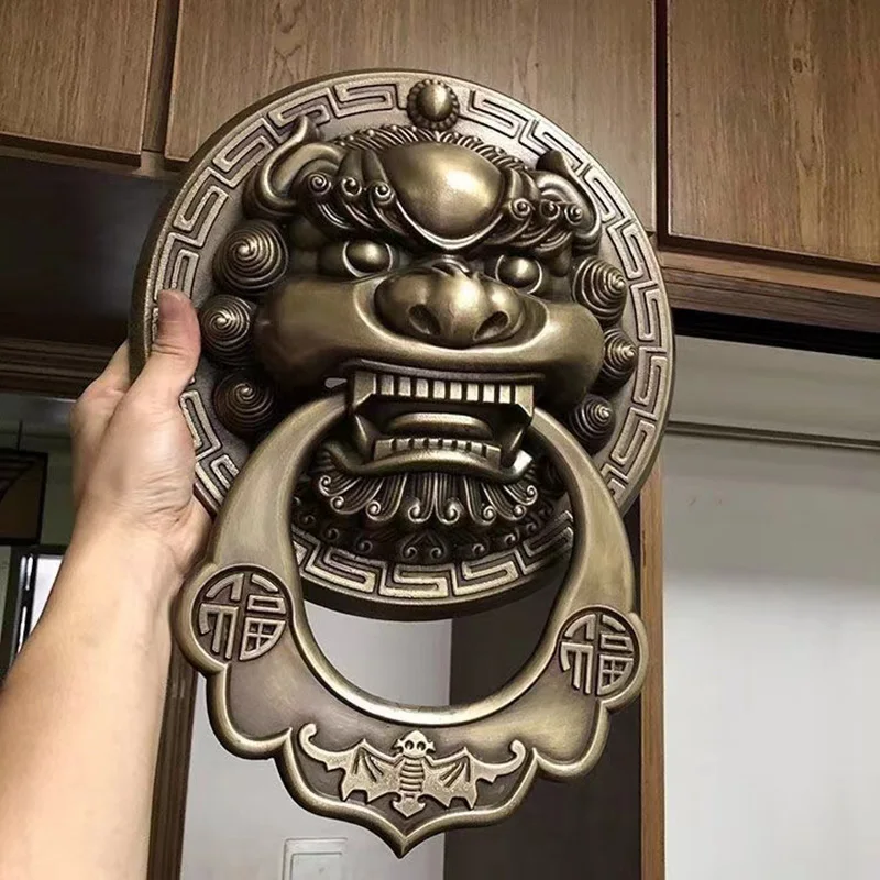 

30CM Large Cast Lion Head Door Knocker Ring Pull Vintage Brass Handle Solid Wood Door Knock for Entry Improvement