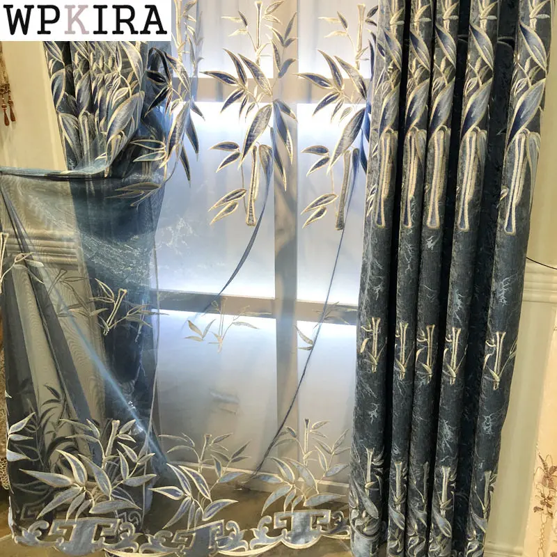 

Chinese Classical Embroidery Bamboo Grey Blue Curtain for Living Room Blackout Window Bedroom Velvet Bottom Drape S622#E