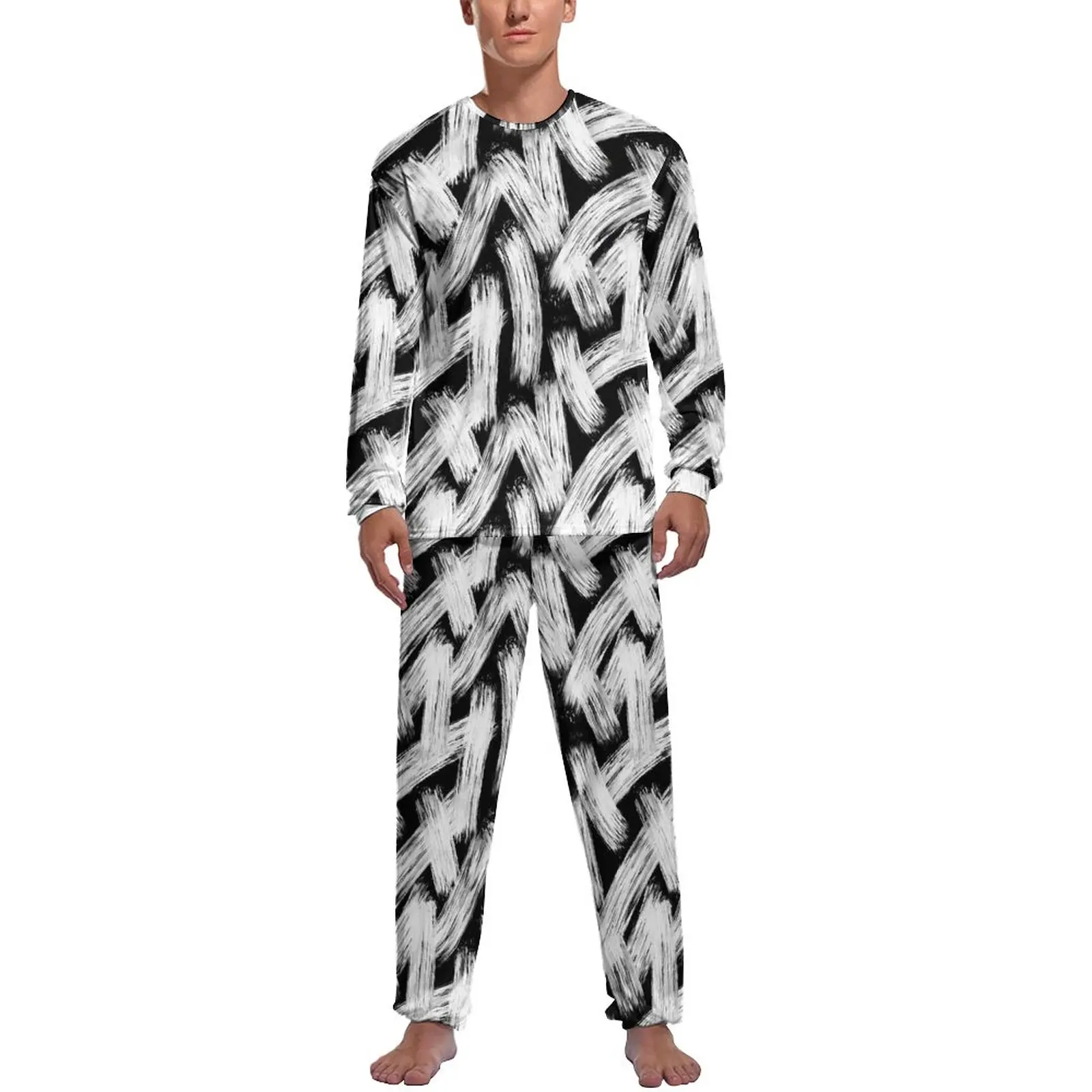 

Brush Print Pajamas Winter Paint Stripes Night Home Suit Men 2 Pieces Custom Long Sleeve Cute Pajamas Set