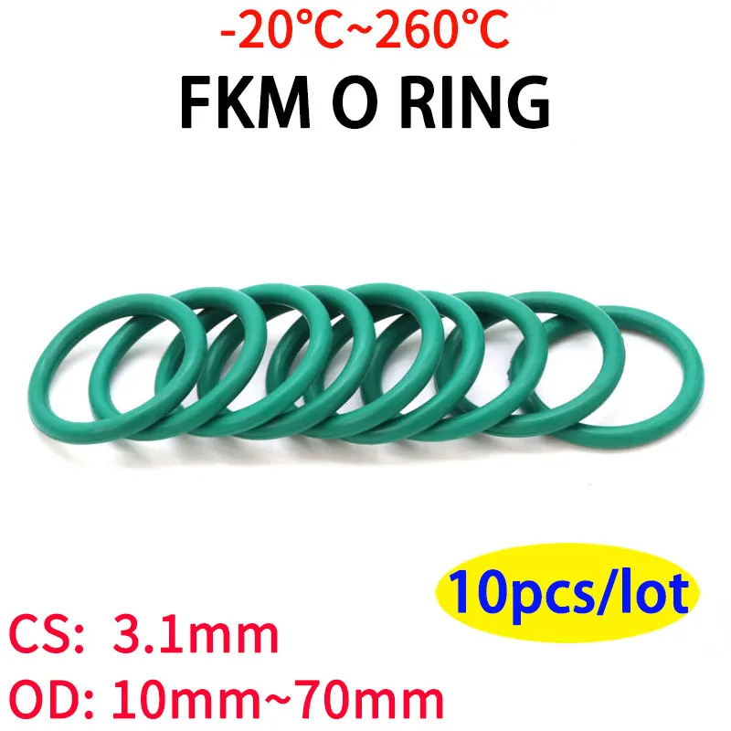 

10pcs CS3.1mm OD 10~70mm Green FKM Fluorine Rubber O Ring Sealing Gasket Insulation Oil High Temperature Resistance Green