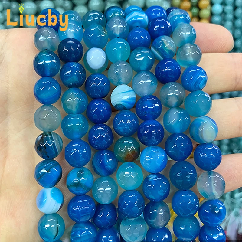 Драгоценный камень граненый синий полосатый Агат Бусины из натурального камня