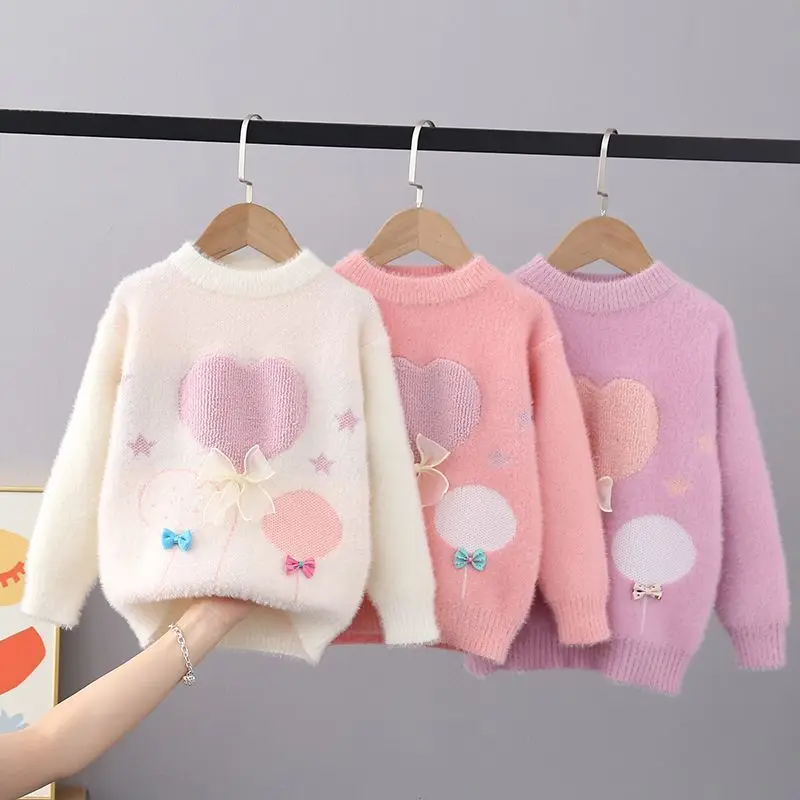 Chic New Autumn Winter Thick Pullover Sweaters Girls Knit Lace Butterfly-knot Sweaters Children Clothing Girls Sweater FY11292