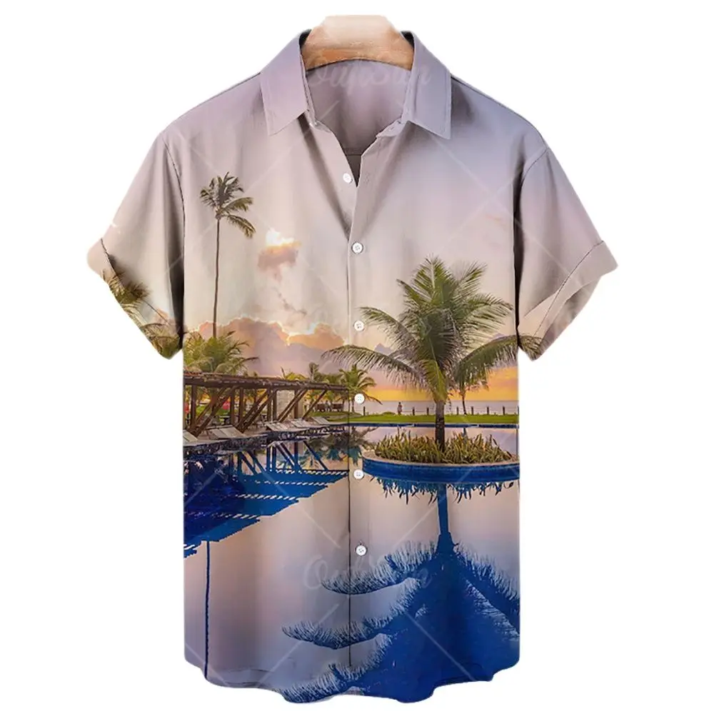 Men's Coconut Tree 3D Printed Short Sleeve Shirt Hawaiian Style Casual Loose Shirt Summer Beach Loose Top button up shirt men