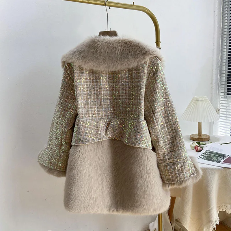 Faux Fur Coat Women 2022 Autumn Winter Patchwork Sequins Long Tweed Jackets Female Casual Elegant Loose Turn Down Collar Outwear