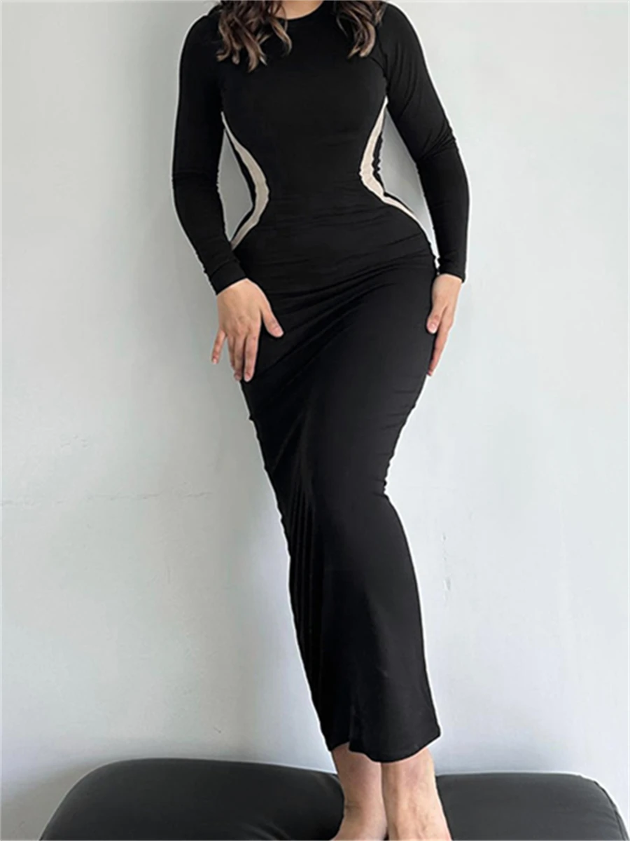 

wsevypo Vintage Black Autumn Bodycon Long Dress Women's Long Sleeve O Neck Wrapped Pencil Dresses for Party Club Office Daily
