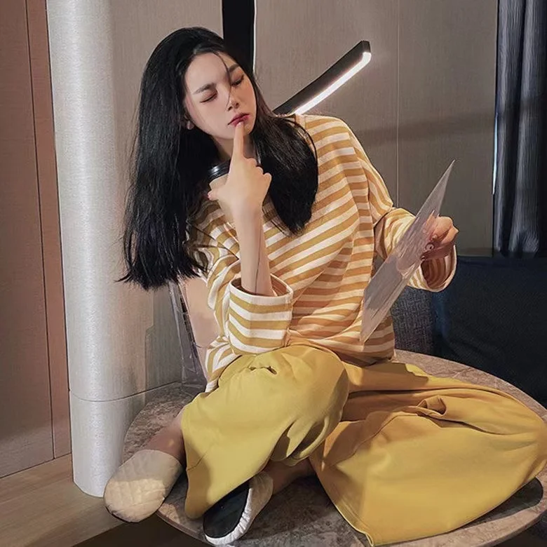 CAIYIER Sweet Stripe Girl Nightwear O-Neck Long Sleeve Trousers Sleepwear For Women Autumn Winter Kawaii Soft Korean Pajamas Set