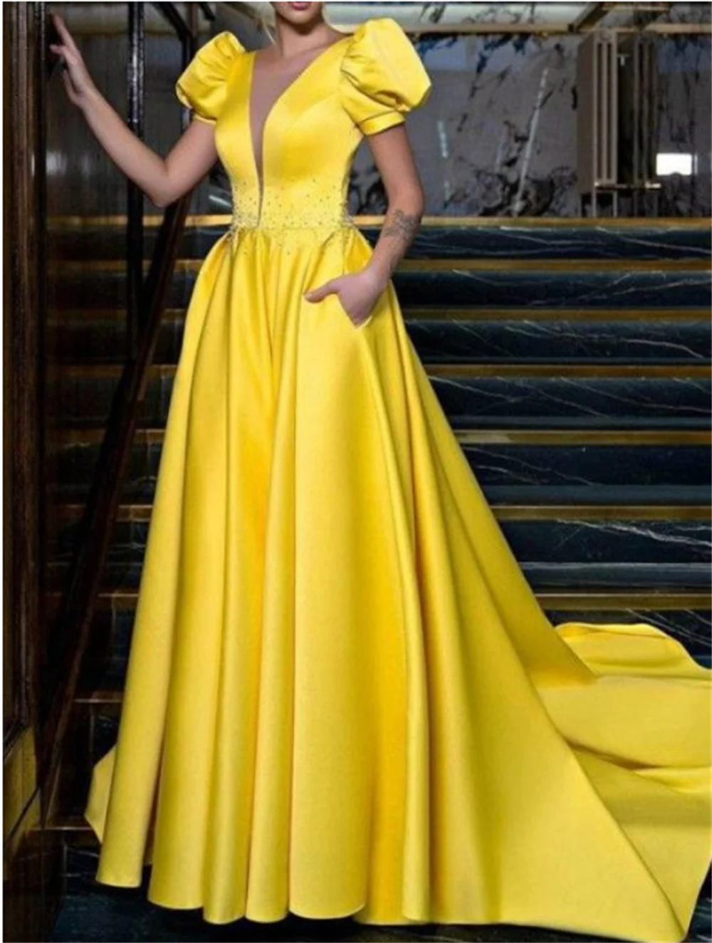 Yellow Women's V-neck Puff Sleeve Prom Dresses 2023 New in Summer Backless Ball Gown Lady Elegant Cocktail Party Evening Dress