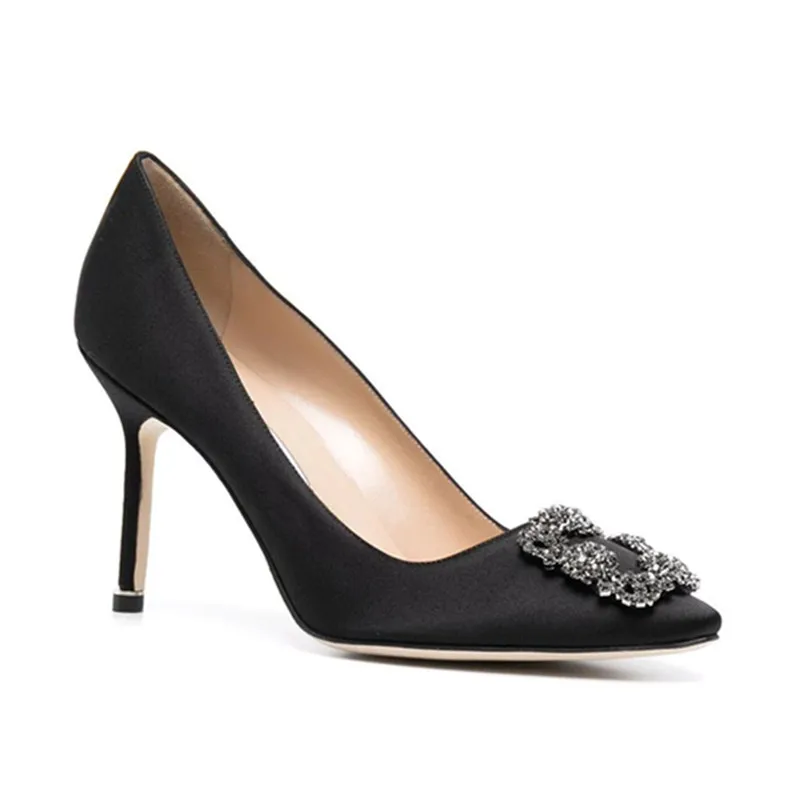 Pointed Women's Single Shoes 2023 Spring/Summer New High Heel Banquet Water Diamond Square Buckle Thin Heel Shallow Mouth Shoes