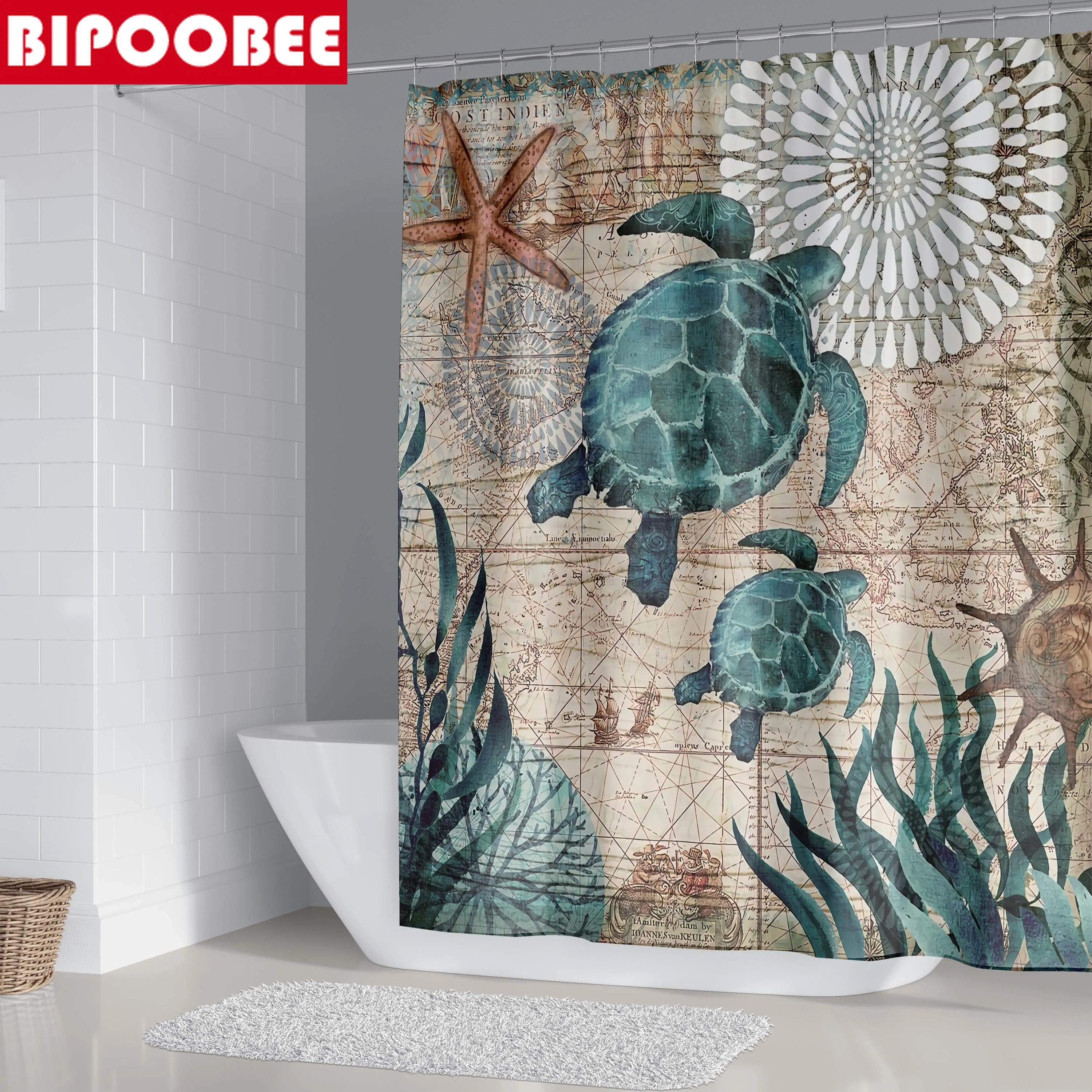 3D Funny Shower Curtains Ocean Sea Turtle Seagrass Starfish Pattern Bathroom Set Pedestal Rugs Bath Mat Toilet Non-slip Carpet | Дом и сад
