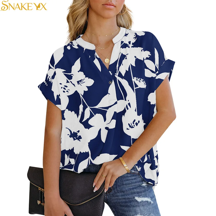 

SNAKE YX Women's Summer 2022 New Loose Printed Short Sleeve V-Neck Buttoned Chiffon Shirt