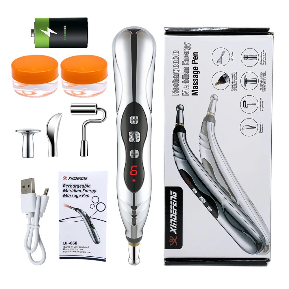 

Rechargeable Acupuncture Pen Electric With 5 Heads Laser Point Massager Pulse Massage Pen Gel Face Body Back Medical Health Care