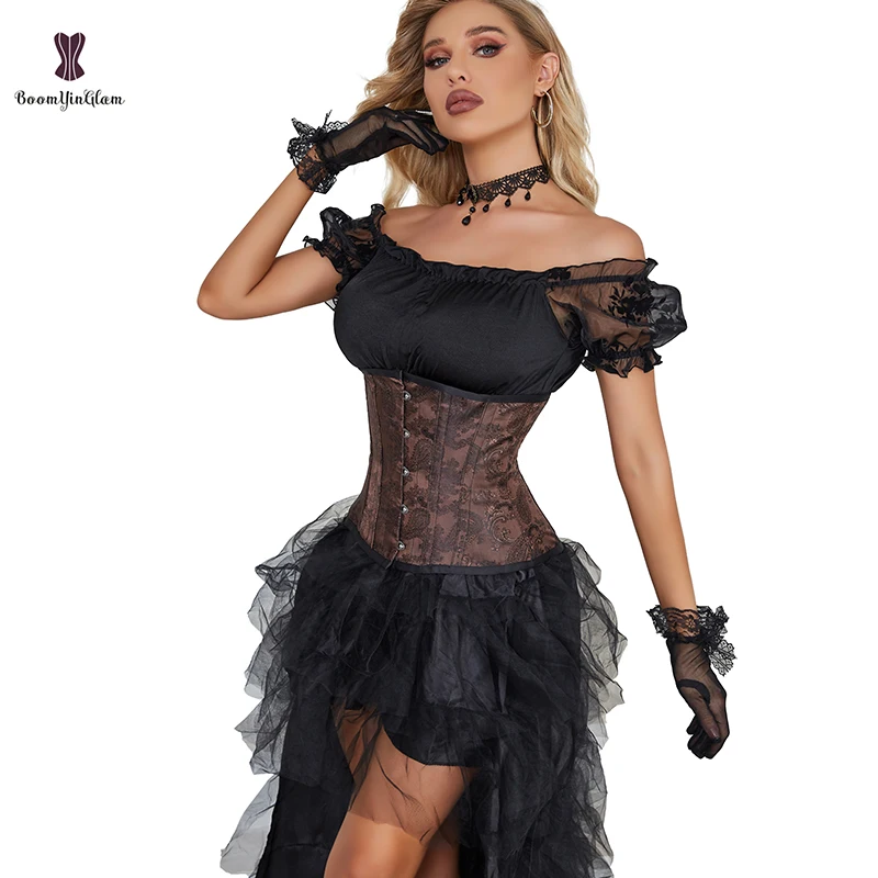 5 Rows Of Metal Busk Closure Brocade Women's Brown Stempunk Underbust Corset Steel Boned Waist Trainer Chest Binder Bustier