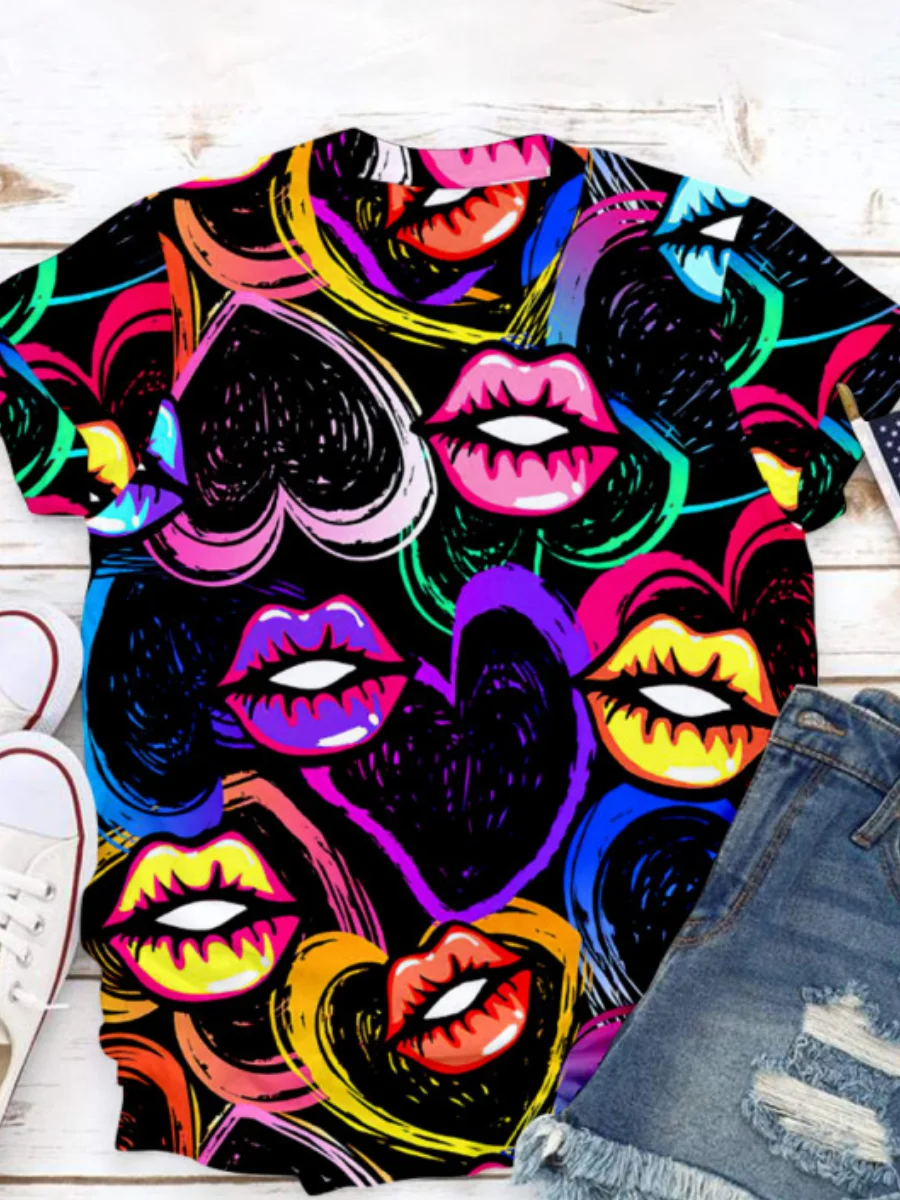 LW Plus Size Heart Lip Print T-shirt 2023 NEW Women T-shirt Summer Clothes T Shirt Harajuku Graphic Tee Casual Short Sleeve Tops