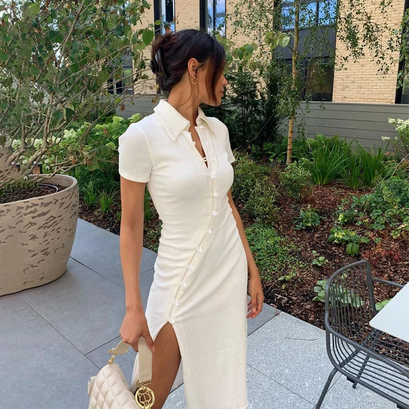 

2022 New Women Fashion Long Dress Spring And Summer New Medium Length Dress Shirt Collar Button Bevel Split Sexy Dress