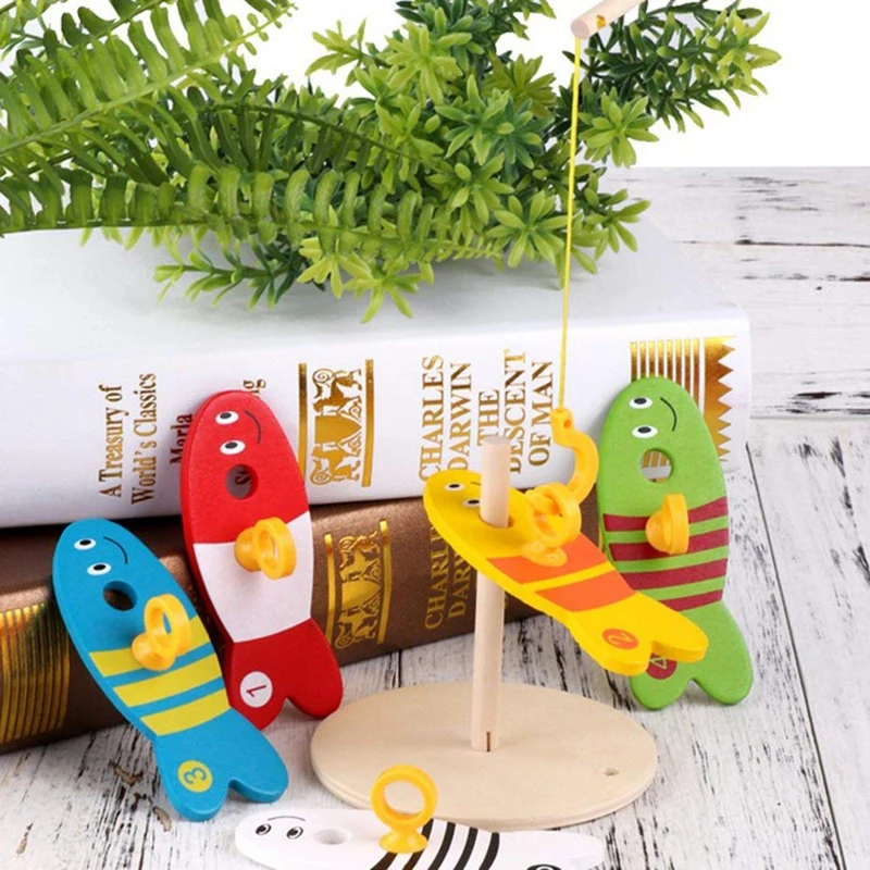 

8Pcs Colorful Wooden Toys Fishing Digital Toys For Kids Fish Set Column Bricks Game Children Cute Early Educational Cartoon Toy