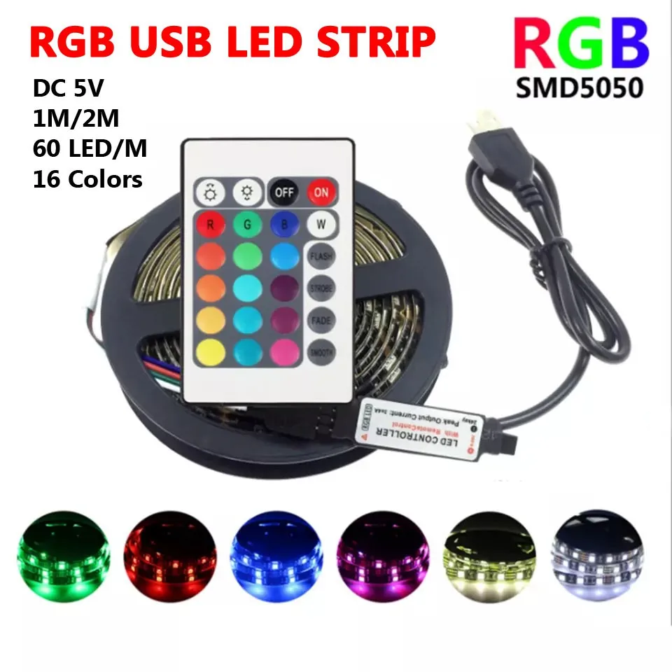 

USB RGB LED Strip DC 5V SMD 5050 1M, 2M, 3M 24Key Remote 30 60 LED Per Meter, 16 Colors For Computer, TV Backlight