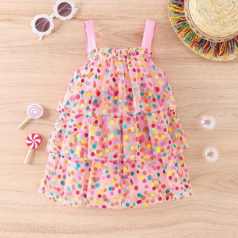 

2023 Korean Summer New Girls Rainbow Polka Dot Tulle Sling Cake Dress Toddler Baby Colorful Princess Dress Party Vestidos