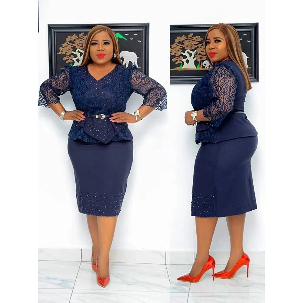 Plus Size Dresses Women's OL Commuter Style Dress Fake Two Piece Lace Beaded Pencil Skirt Slim V-neck Dresses For Women 2023