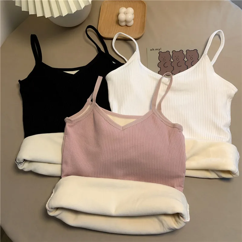 

Women Winter Warm Vest Slim Solid Thermal Tops Female Sleeveless Sexy Crop Undershirt Tight Elasticity Plush suspender underwear