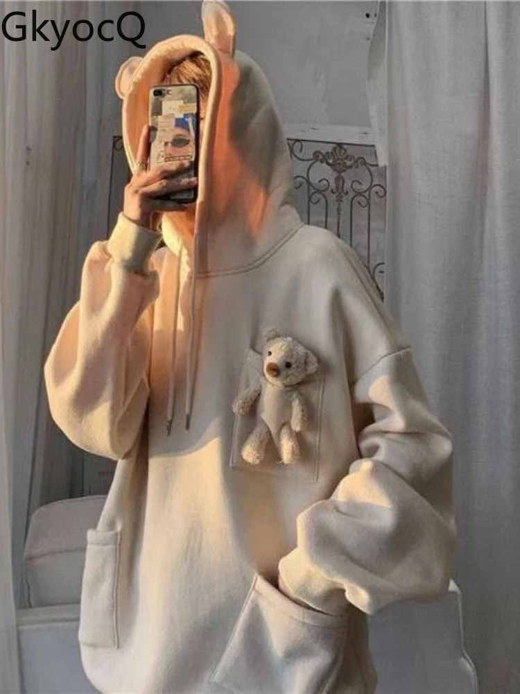 

Корейский Свитшот GkyocQ с медведем, Осень-зима 2022, свободная куртка в стиле Харадзюку, корейская мода, Осень-зима, нишевой дизайн, тренд с капюш...