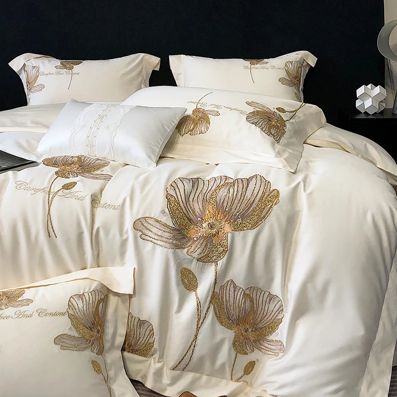 

Роскошный комплект постельного белья из египетского хлопка с цветочной вышивкой, tc, пододеяльник, наволочки, комплект мягкой постельной простыни, 4 шт.