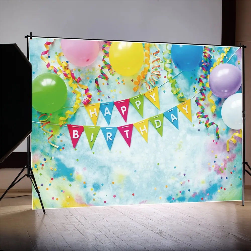 

MOON.QG Backdrop Blue Water Color Children's Happy Birthday Banner Background Baby Ribbon Balloon Decor Party Photo Booth Props
