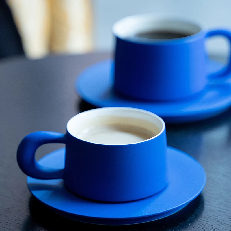 High-end Handmade Coffee Mug Ceramic Latte Cabbage Cup and Saucer Set 220ml Cinnabar Red Ideal Blue Mugs Christmas Gifts