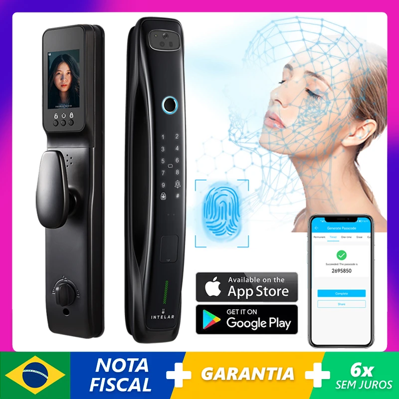 

New 3D Biometric Fingerprint Lock Security Smart Door Lock Password Electronic Locks Key IC Card Unlock APP Camera Portuguese