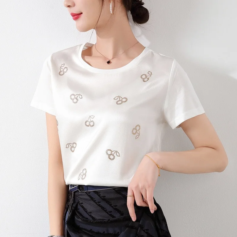 

Silk Cotton Thin Short Sleeve Tees Korean Style Fashion Woman Summer Clothes Elegant White Tops Loose Casual Plus Size 5XL J354