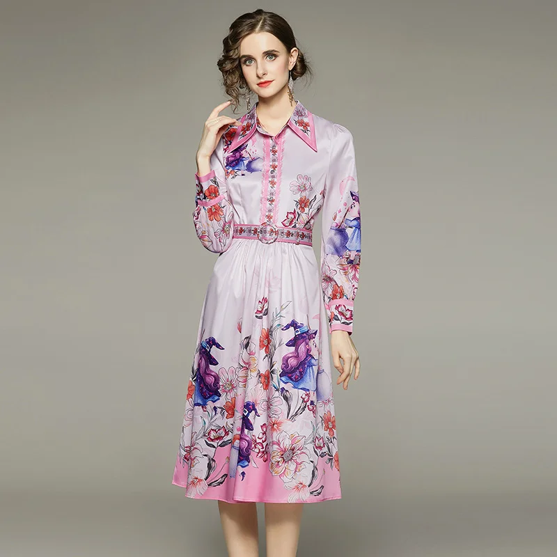 

Женское модельное однобортное платье-рубашка, офисное платье миди с отложным воротником, длинным рукавом и цветочным принтом и поясом, весна-осень
